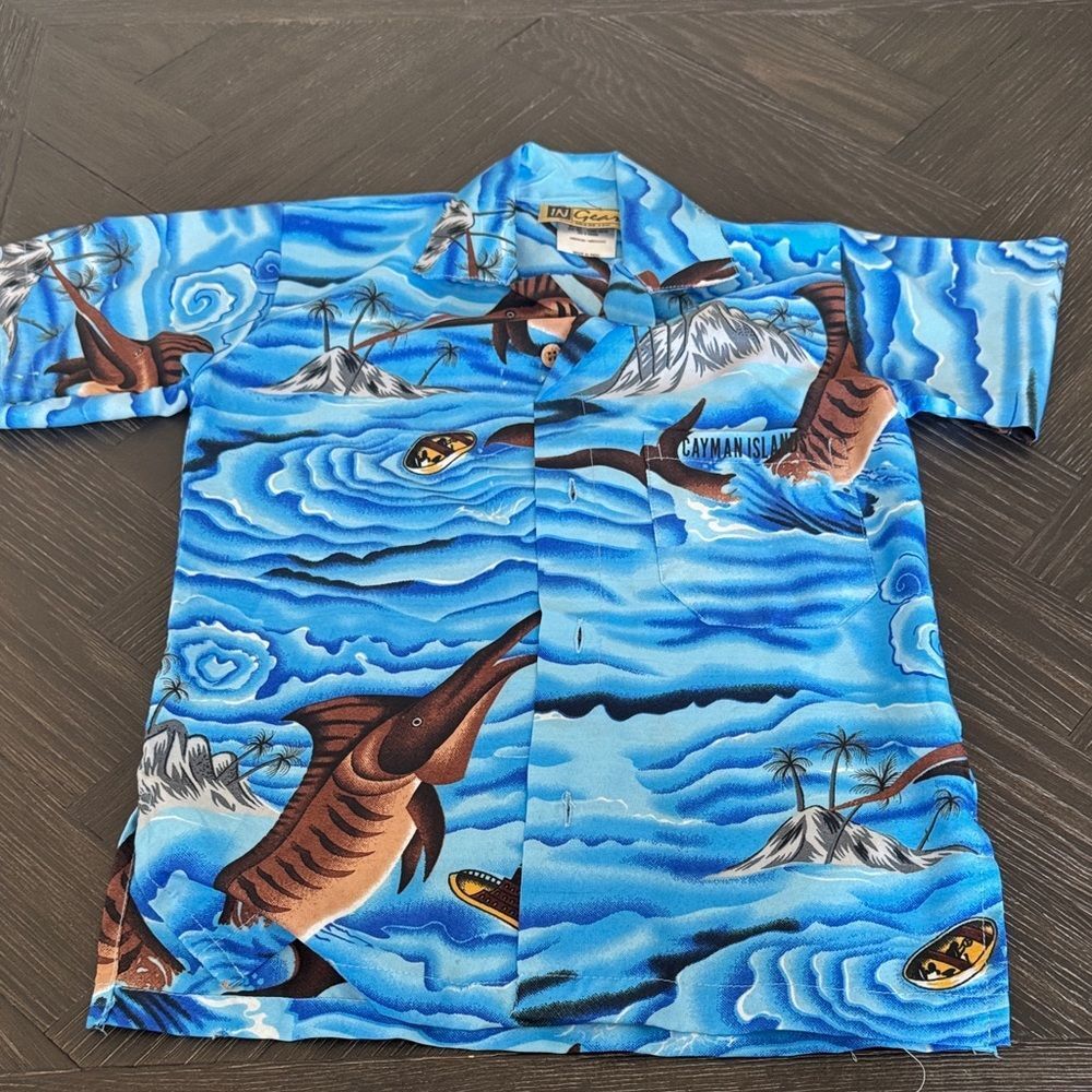 Kids Fishing Shirt Youth Small Blue Marlin Print Short Sleeve Button Down Beach